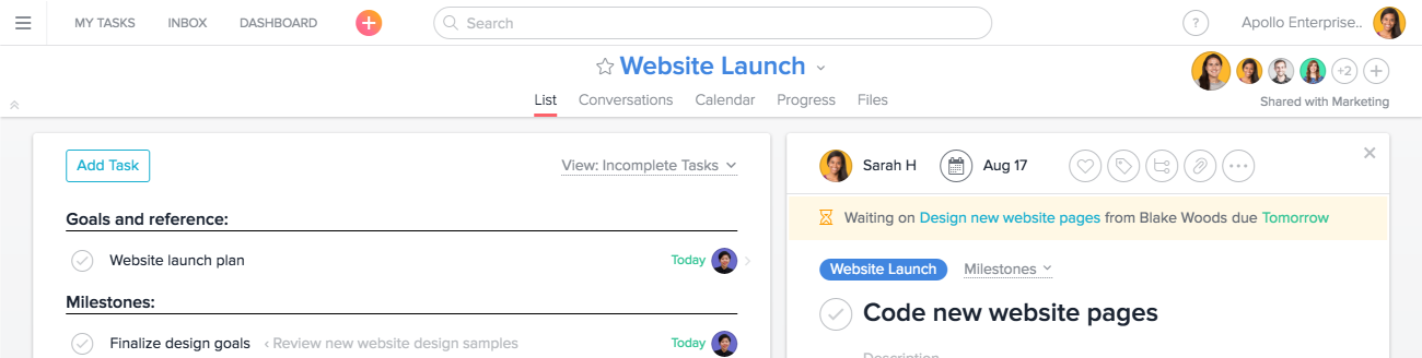 Asana's new "Waiting on..." feature