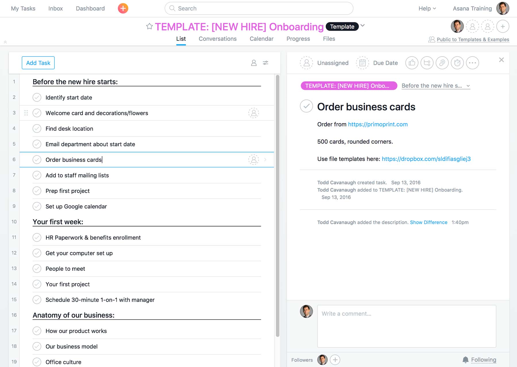 Asana Template Example