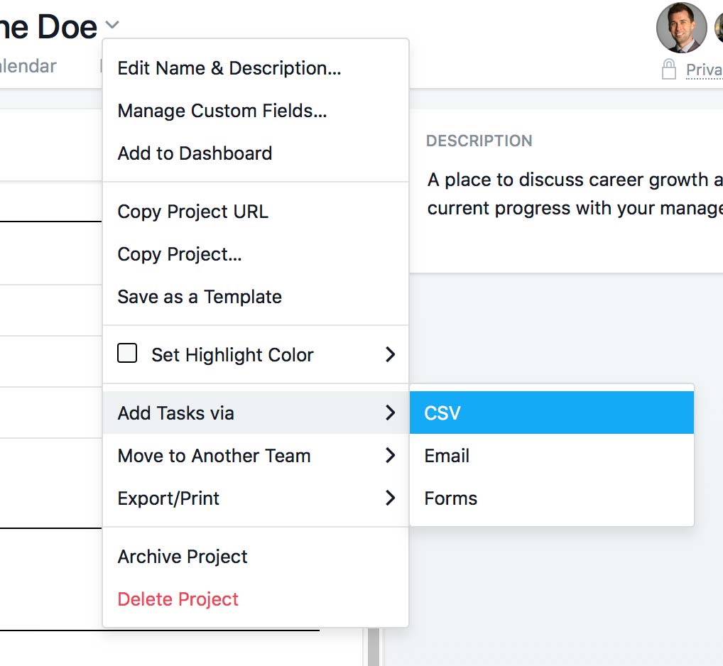 Asana project dropdown