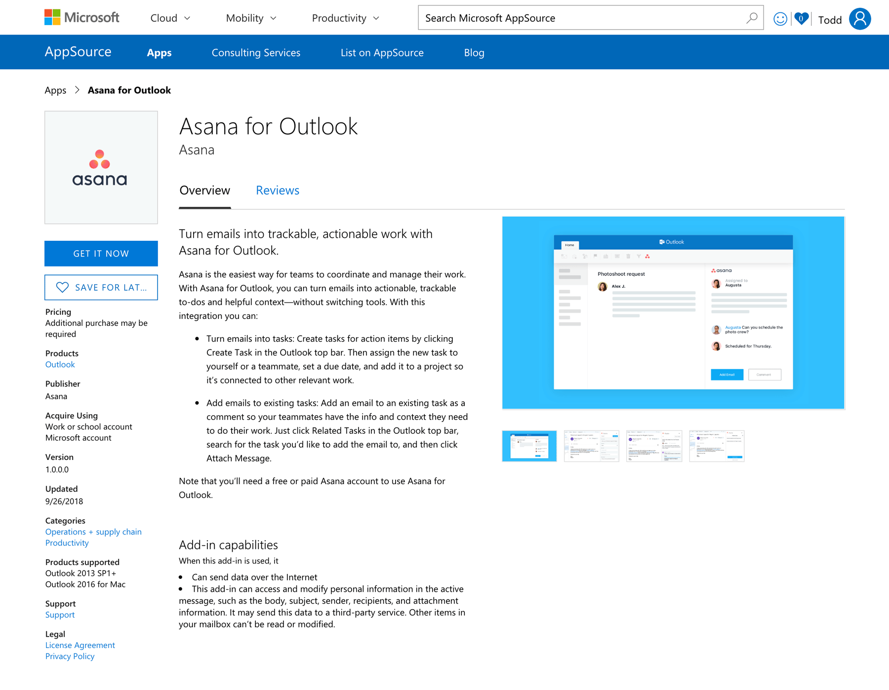 Asana for Outlook addin creates Asana tasks directly from Office 365